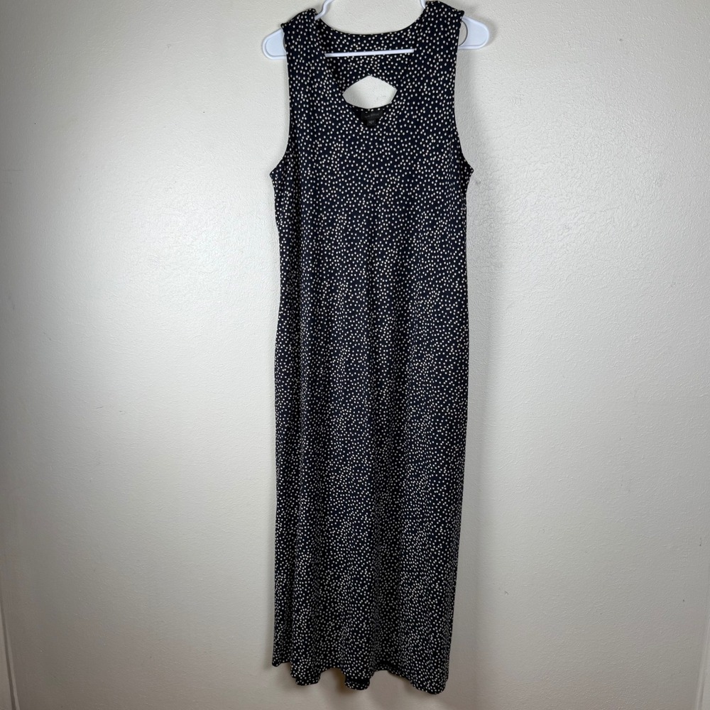 J.Jill Wearever Navy Polka Dot Sleeveless Maxi Dress Keyhole Back Pockets M